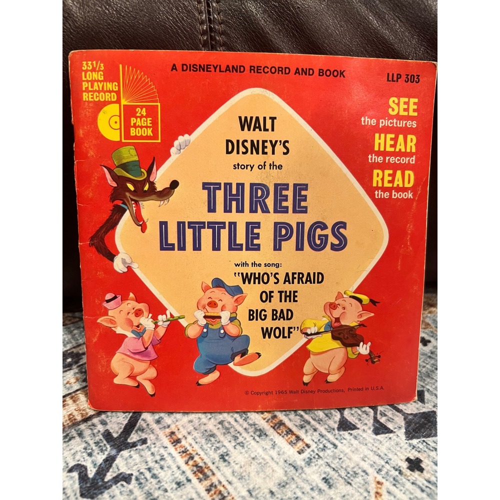 Vintage Walt Disney's Three‎ Little Pigs Read Along Book 33 1/3RPM Record TESTED
